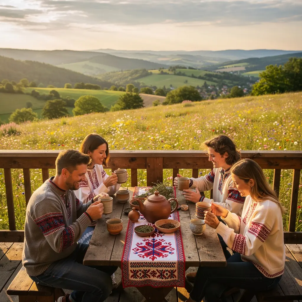 Tradičný slovensky čajový set s pohármi a čajníkom